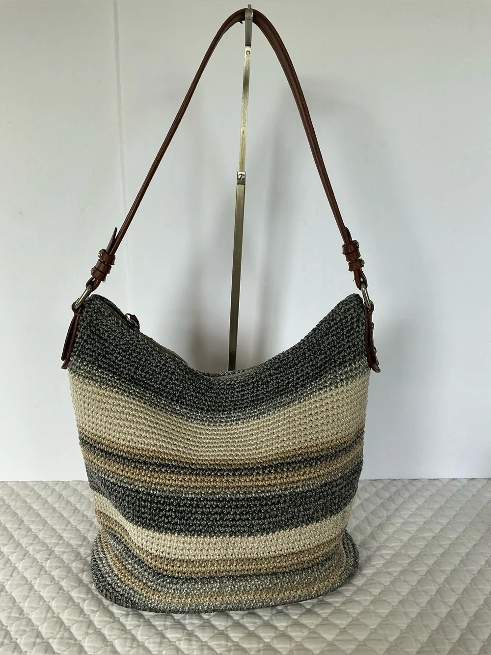 The Sak Sequoia Striped Crochet Hobo Bag in Brown and Cream